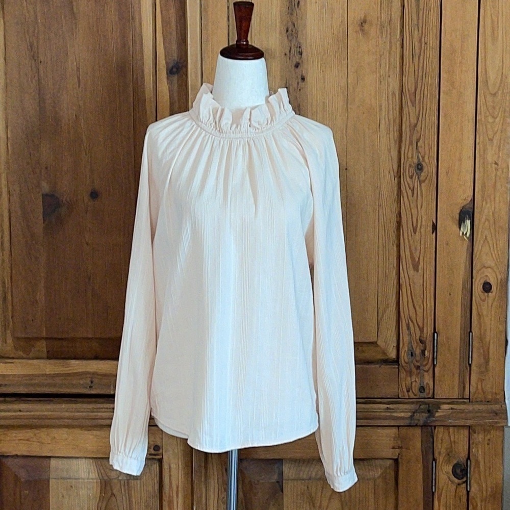 Women’s Cream Ruffle-Neck Long Sleeve Blouse S 100% Cotton